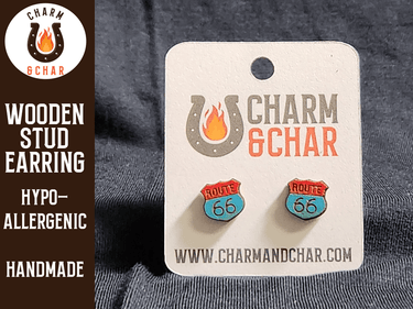 Route 66 Wood Stud Earrings - Lifestyle Fashion Earring - Stud Earring - Charm and Char